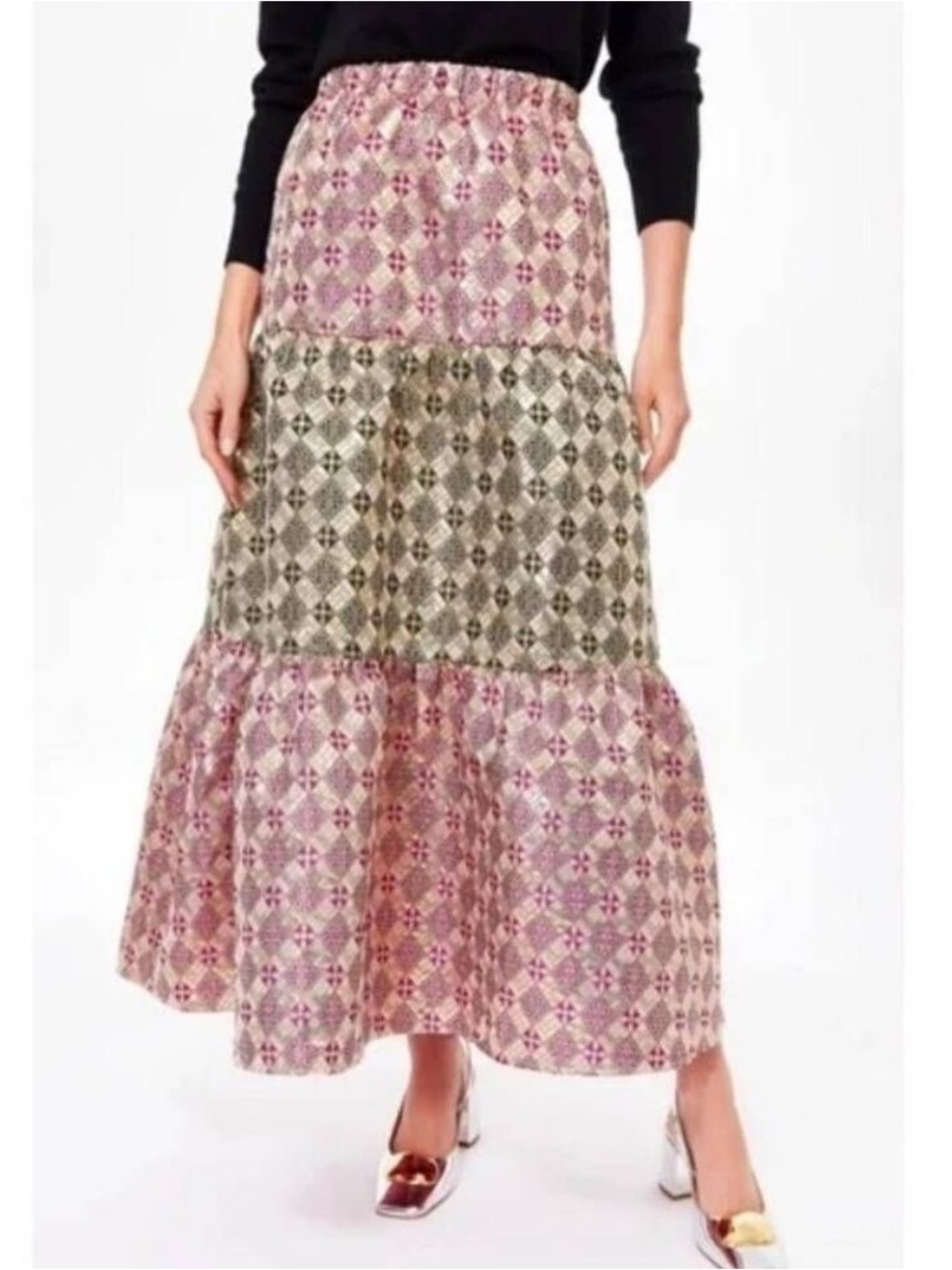 Tuckernuck Skirt Champagne Dreams Midi Tiered Jacquard in Pink Green Floral